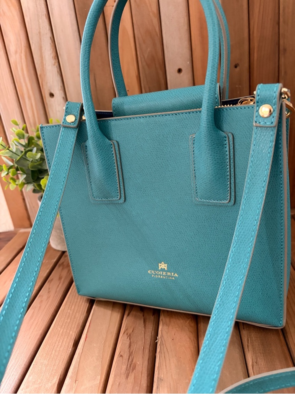 Cuoieria Fiorentina Italian Mini Structured Tote Crossbody Quiet Luxury in Teal - Picture 10 of 10